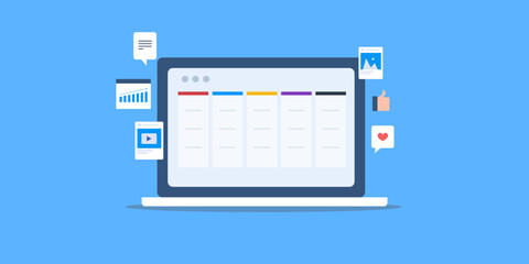 Online social media planner, content calendar post schedule and brand message management software app on laptop screen, vector illustration.