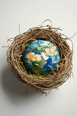 Wall Mural - Conceptual image of conservation, environment, population growth, and earth protection represented by a globe in a lined nest