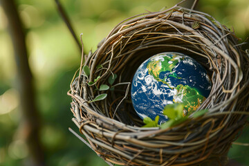 Wall Mural - Conceptual image of conservation, environment, population growth, and earth protection represented by a globe in a lined nest