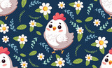 Fototapeta Sypialnia - Cartoon chicken with flowers pattern