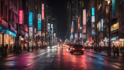 Wall Mural - A bustling city street at night, captured in a long exposure photograph, where the lights of moving cars blur into vibrant streaks against a dark backdrop Generative AI
