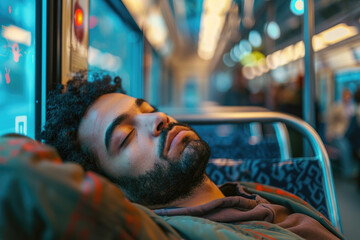 Wall Mural - Mid adult taking a nap while traveling by public transport