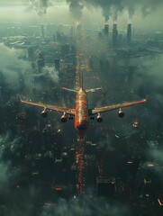 Wall Mural - A red airplane is flying over a city with smoke and pollution in the background