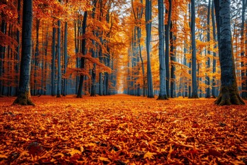 A forest with trees covered in orange leaves