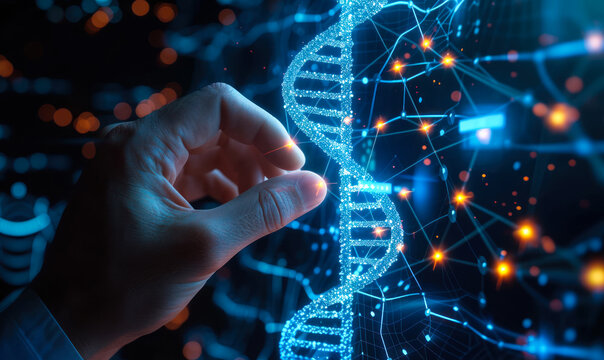 A futuristic representation of a human hand interacting with a glowing DNA helix structure amid a network of bioinformatics and molecular biology