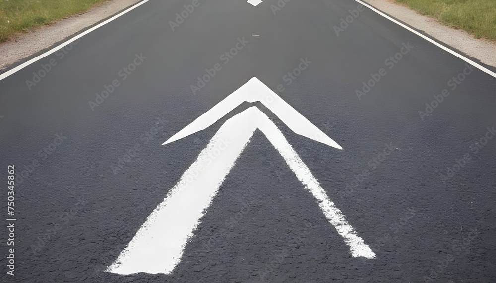 An asphalt road stretches into the distance with a painted white arrow ...