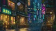 night scene of city in the Japan with cafe and rainy,seamless looping, 4k Time-lapse video animation 