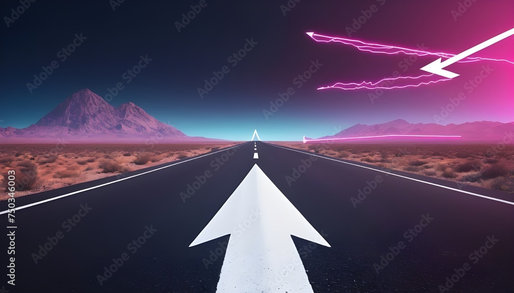 An asphalt road stretches into the distance with a painted white arrow ...