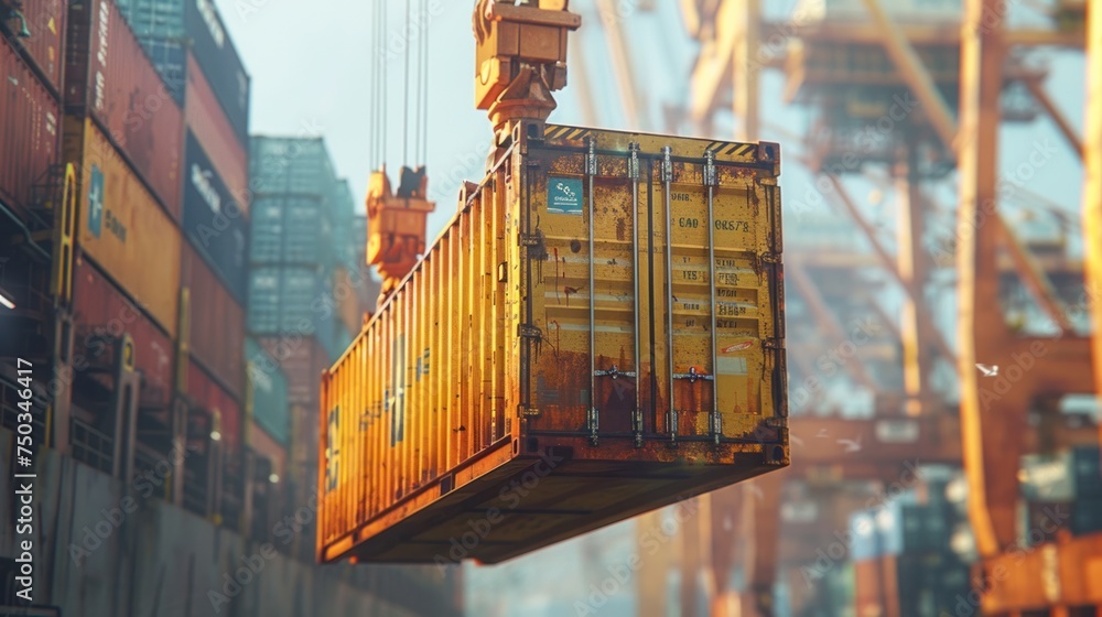 A shipping container being lifted by a crane ready to be loaded onto a ...