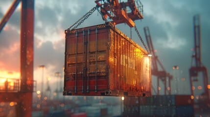 Wall Mural - A shipping container being lifted by a crane ready to be loaded onto a cargo ship signifying the crucial role of ports in connecting the different modes of transportation