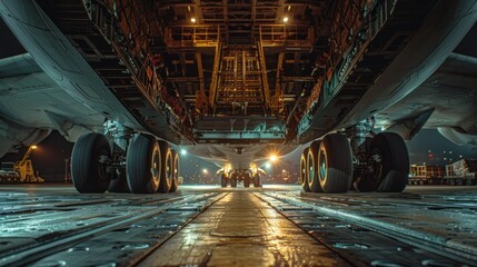  The front landing gear of a large cargo plane lifts the aircraft off the ground to carry valuable cargo.