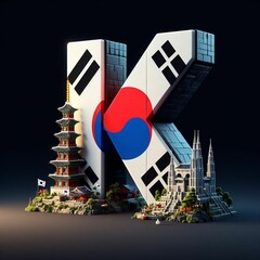 Wall Mural - Dynamic Letter K merged with South Korean cityscapes, modern logo design concept