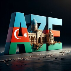 Wall Mural - A, Z and E letter logo with Baku city buildings and Azerbaijan flag. Urban skyline and patriotic emblem design concept.