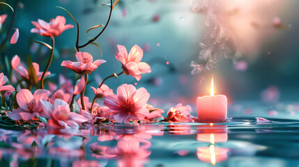 Wall Mural - Spa Tranquility, A Zen Moment with Flowers and Candles, The Essence of Calm and Beauty Combined