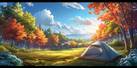 a tent in the middle of a scene in the forest, Camping tent in a camping in a forest