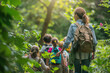 Woman teacher with kids from her class exploring nature and lush forest in a school trip