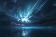 Dark Pastel Colored Scene Sloud Centered in Sky over a Calm Sea during First Light with Laser Streaks like Aurora Emanating from the Sky above Sky Wallpaper created with Generative AI Technology