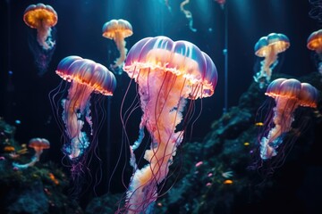 Beautiful jellyfish in the aquarium, Jellyfish swimming underwater in the deep blue ocean Concept, Ai generated