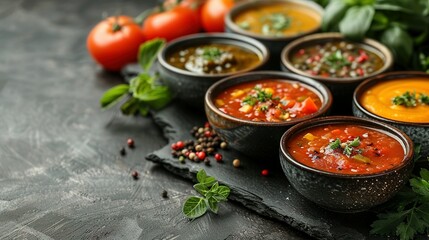 Homemade vegetarian soups and ingredients for cooking. In a bowl. Healthy food concept. Advertising photo