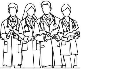 Wall Mural - Continuous one black line art hand drawing doctors. National doctor day concept vector illustration on white background with copy space