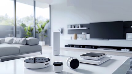 A futuristic image showcases sleek, minimalist gadgets seamlessly integrated into a smart home, illustrating the harmonious relationship between technology and modern living