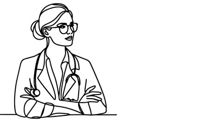 Wall Mural - Continuous one black line art hand drawing doctors. National doctor day concept vector illustration on white background with copy space