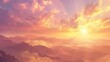 A panoramic view of the vast sky painted in hues of orange and pink as the sun sets behind the distant mountains, creating a breathtaking celestial canvas 