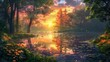 A serene nature landscape with a tranquil pond nestled in the heart of the forest during the radiant sunset, where dancing tree shadows reflect on the water, accompanied by the soothing melodies