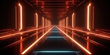 Fototapeta Do przedpokoju - Sci-Fi corridor Futuristic neon glowing light interior in a dark tunnel Reflections. Vibrant 3D rendering of an underground corridor adorned with radiant lights