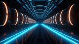Fototapeta Fototapety przestrzenne i panoramiczne - Sci-Fi corridor Futuristic neon glowing light interior in a dark tunnel Reflections. Vibrant 3D rendering of an underground corridor adorned with radiant lights