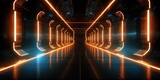 Fototapeta Do przedpokoju - Sci-Fi corridor Futuristic neon glowing light interior in a dark tunnel Reflections. Vibrant 3D rendering of an underground corridor adorned with radiant lights