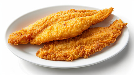 Southern fried catfish fillets with golden crust on a plate, top view isolated on white background. Seafood cuisine concept