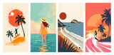 Fototapeta Przestrzenne - Tropical vacation vibes with sunset, surfing and beach