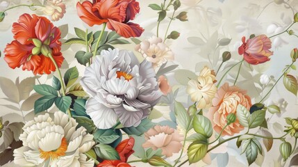 Wall Mural - Fashion painting flowers on a light background, pastel flowers, peonies, roses, echeveria succulent, white hydrangea, ranunculus, anemone, eucalyptus, and vector design wedding bouquets