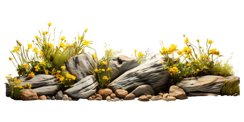 rock garden, water, grass, yellow flowers isolated on transparent background