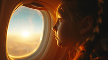 A Young Girl Sits By The Window Of An Airplane, Her Face Lit Up With Awe And Wonder As She Gazes Outside, Marveling At The Panoramic View Of The Clouds And Landscape Below.