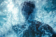 Textured splashes surround a human figure in the water.