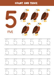 Wall Mural - Numbers tracing practice. Writing number five. Cute cartoon bald eagles.