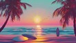 Beach Scene with Palm Trees and Surfboards at Sunset - An animated illustration of a beach with two palm trees surfboards and a sunset in the background perfect for representing a leisurely tropical v