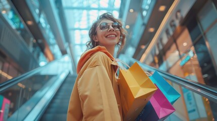 Smiling fashion woman holding colorful shopping bags standing on shopping mall escalator.