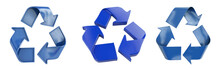 Three Glossy Blue Recycling Signs Depicted In Different Angles, Symbolizing Sustainability And Environmental Preservation