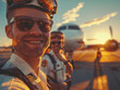 Piloten Team mit Flugzeug im schönen Sonnenlicht, ai generativ