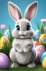 Wall Mural - Cute easter bunny with colorful easter eggs and spring flowers