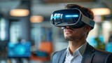 Fototapeta Natura - Young Businessman wearing VR glasses in start up office for meeting in the metaverse online