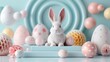 A white rabbit sitting on top of a table surrounded by easter eggs