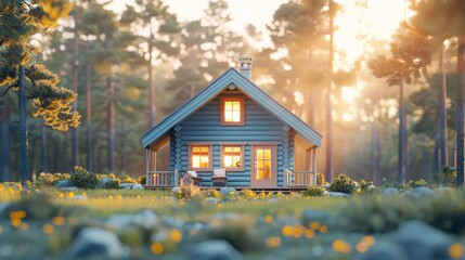 Wall Mural - A small cabin sits in the middle of a forest