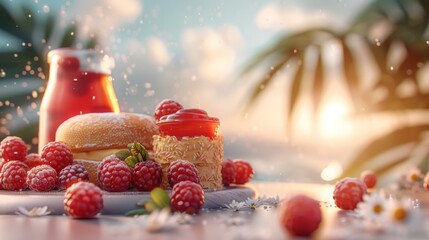 Poster - A plate of food with raspberries and a bottle of ketchup