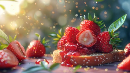 Wall Mural - A bunch of strawberries sitting on top of a piece of bread