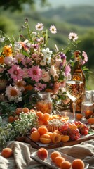 Canvas Print - A table topped with fruit and flowers next to a glass of wine