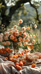 Poster - A table with a bunch of oranges and a glass of wine